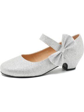 Women's Silver Glitter Low Block Heel with Side Bowknot Round Toe Wedding Shoes